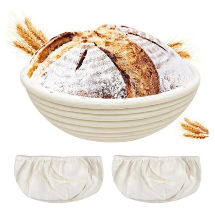 Cos de fermentare paine din rattan natural, set 1 cos + 2 captuseli din in, 22x8cm, ecologic, versatil