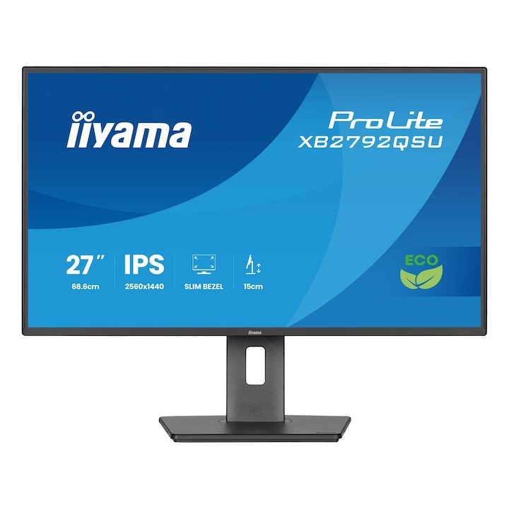 Monitor LED IPS iiyama ProLite XB2792QSU-B1 27" QHD, 120Hz, 3ms, HDMI, DisplayPort, HUB USB 2x3.2, HAS (150mm), Flicker-free + Blue light, Negru
