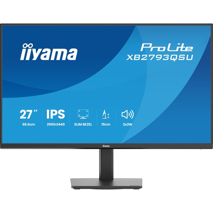 Монитор LED IPS iiyama ProLite XB2793QSU-B1 27" QHD, 75Hz, 1ms, HDMI, DisplayPort, HUB USB 2x2.0, HAS (150 мм), Flicker-free + Blue light, Черен