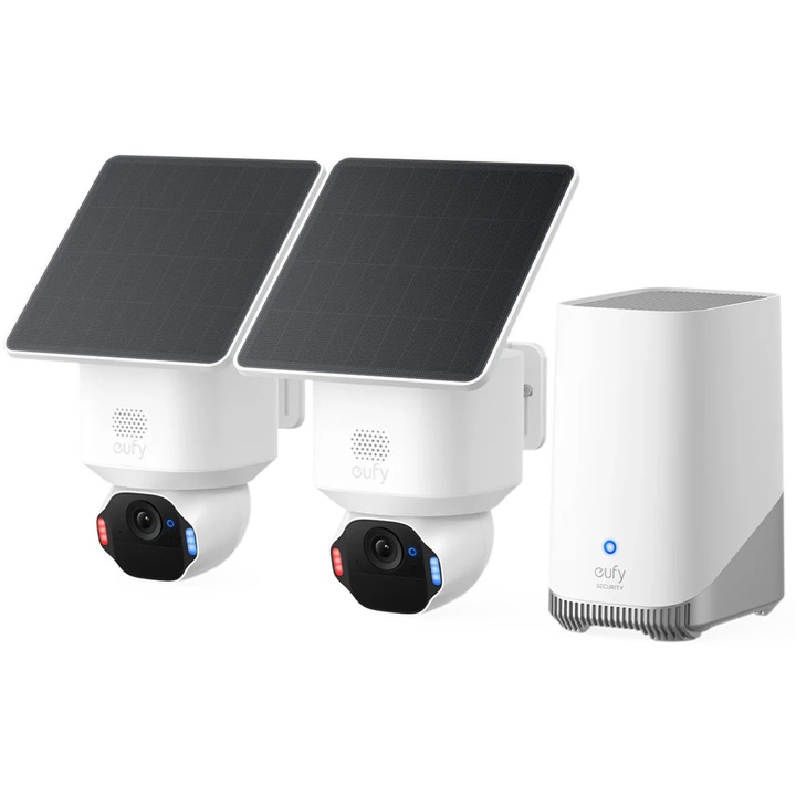 Eufy Security SoloCam E42 térfigyelő készlet, 4K felbontás, mesterséges intelligencia, 360°-os nézet, SolarPlus™ 2.0 technológia, HomeBase S380-nal és 2 videokamerával