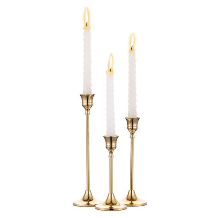 Set de 3 suporturi pentru lumanari din alama, finisaj auriu natural, design elegant, decorativ