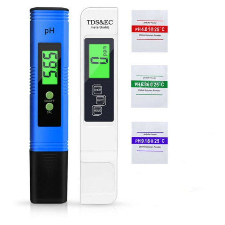 Set aparat de masurare pH, TDS si EC, tester de temperatura, cu ecran LCD, pentru calitatea apei, portabil