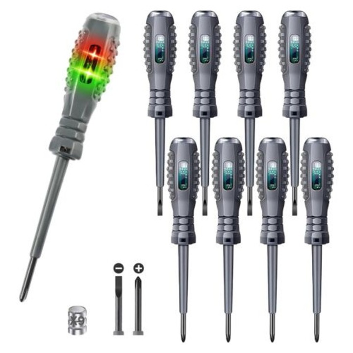 Set de 8 surubelnite 2 in 1 cu cap magnetic pentru masurarea tensiunii, pentru circuite AC/DC, cu display neon