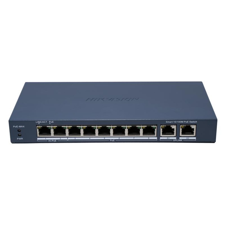 HIKVISION PoE kapcsoló, 8 PoE port, 2 Gigabit uplink, 54 VDC, 217.6x27.6x108.5mm