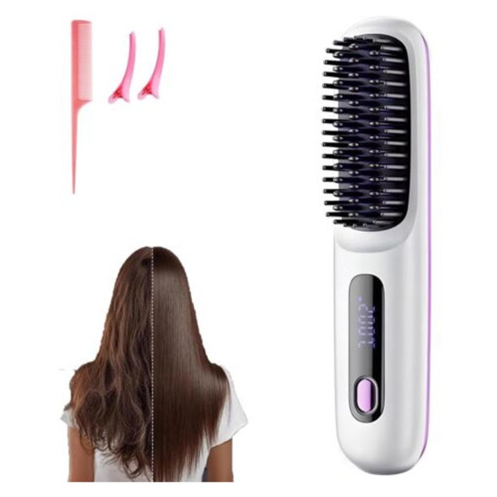 Perie de par electrica Go Brush Pro, incalzire rapida, protectie la supraincalzire, alb, portabila