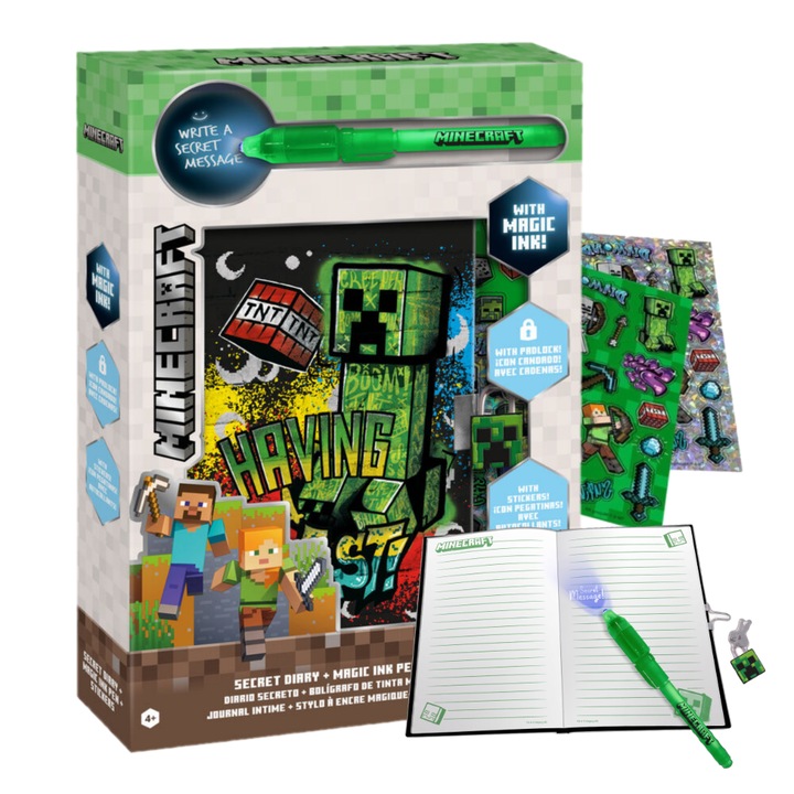 Set Jurnal Secret Minecraft cu Lacat Creeper, Stilou Magic cu Cerneala Invizibila UV, Autocolante Interactive, 4+ ani