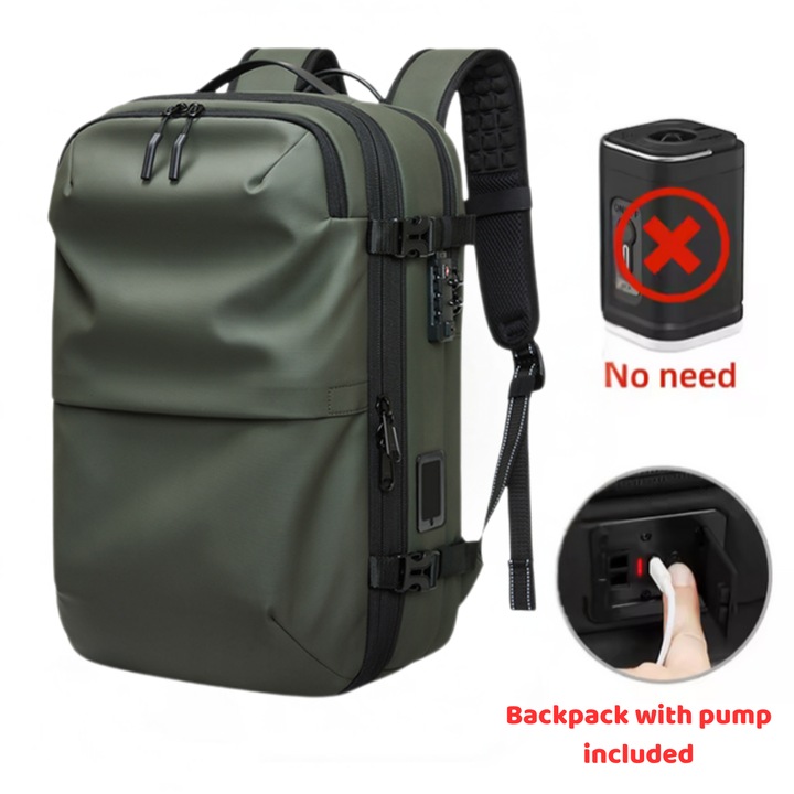 Rucsac Voiaj cu Vacum PLEMORY® Vidabil cu Pompa Incorporata, Ghiozdan Multifunctional, Compresie Vid, Compartiment Laptop 17", Rezistent la Apa, Ultra Usor, Ideal pentru Avion, Calatorii, Impermiabil, 35-60L, Anti-Furt, Oxford 900D, Aspect Piele, Verde