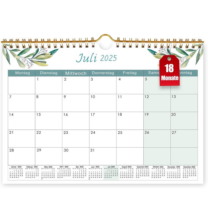 Calendar perete 2025-2026 A4 peisaj Verde 18 luni