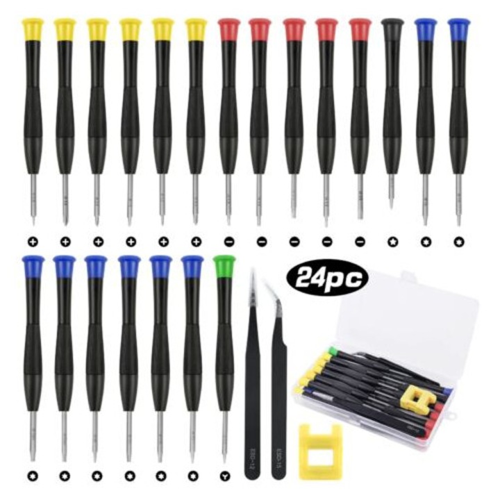 Set de 24 surubelnite mini, 2 pensete, magnetizator, diverse dimensiuni, pentru reparatii ochelari, PC, PS4, ceas, bijuterii, telefon