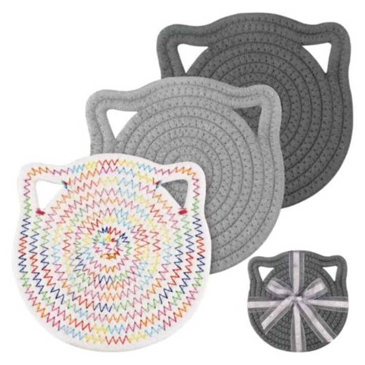 Set 3 Servete de Masa Rotunde, Bumbac Impletit, Grosime 0.8cm, Culoare Multicolor, 18cm