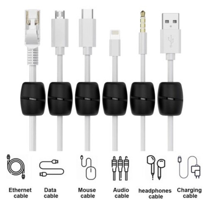 Set de 10 clips organizatoare pentru cabluri, negru, 2.4cm, pentru birou si acasa