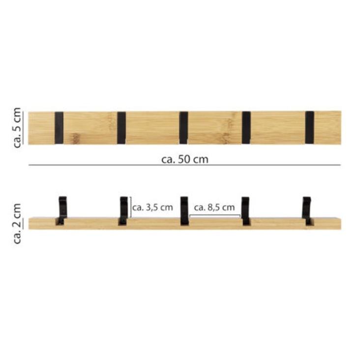 Cuier din bambus natural cu 5 carlige, design simplu, montare pe perete, ecologic