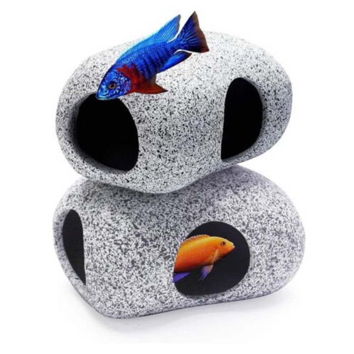 Set de 2 ascunzatori acvatice, ceramica cu model granit, pentru pesti mici, decor acvariu