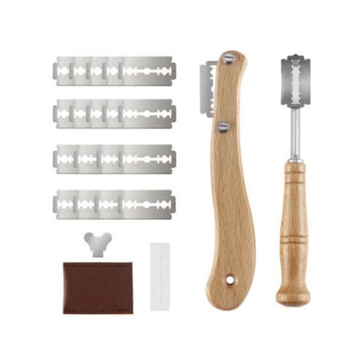 Cutit de paine cu maner din lemn, lama curbata, set de 2 tipuri de lame, inox, multicolor