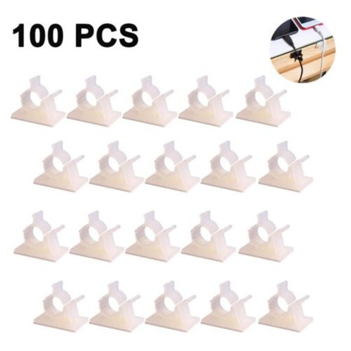 Set 100 Cleme de cablu autoadezive, dimensiuni 7.9-10.3mm, 25x21x19mm, material ABS, alb
