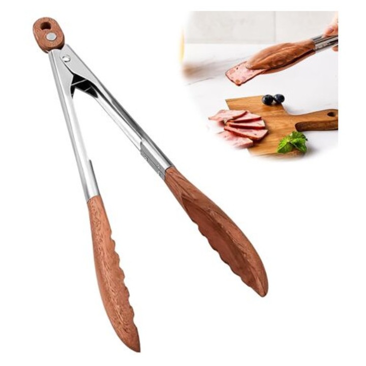 Polonice din inox cu capete din lemn, set de clesti pentru gratar si salate, 30x5cm