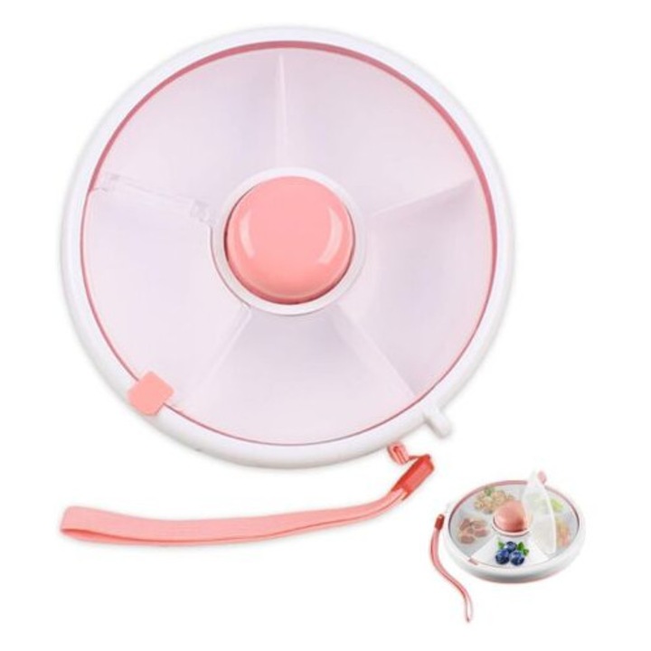 Cutie alimentara rotativa cu 5 compartimente, design transparent, rezistent la scurgeri, roz