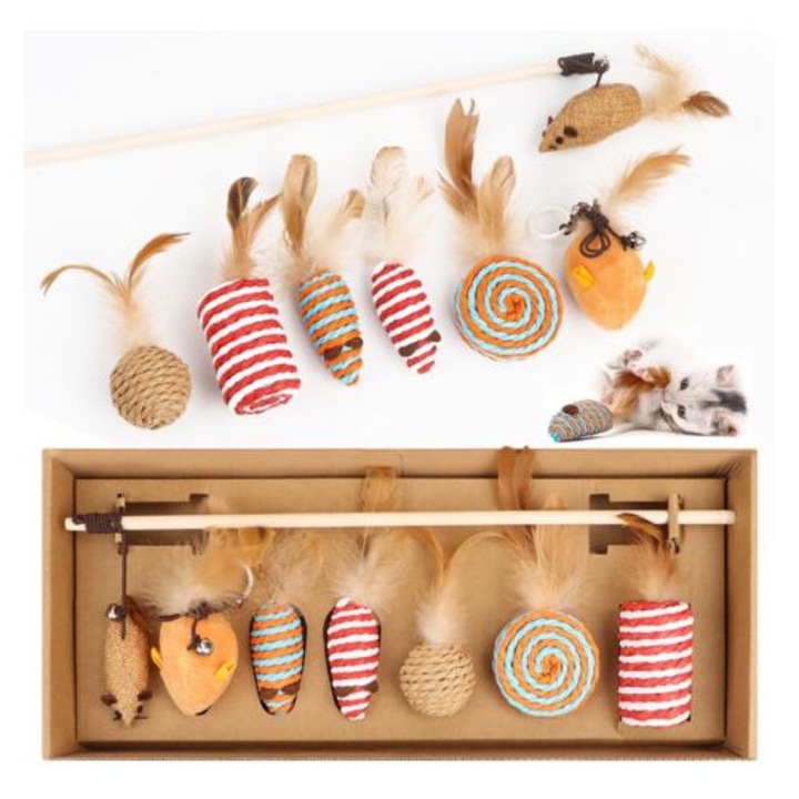 Set jucarii interactive pentru pisici, 2 bete extensibile, 13 momeli, multicolor