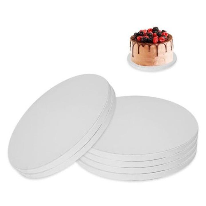 Set 6 suporturi rotunde pentru tort, 20cm, carton rezistent, impermeabil, reutilizabil, alb