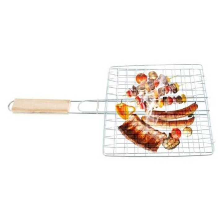 Gratar din otel inoxidabil, 22x39.5cm, cu maner din lemn, set 1 buc.