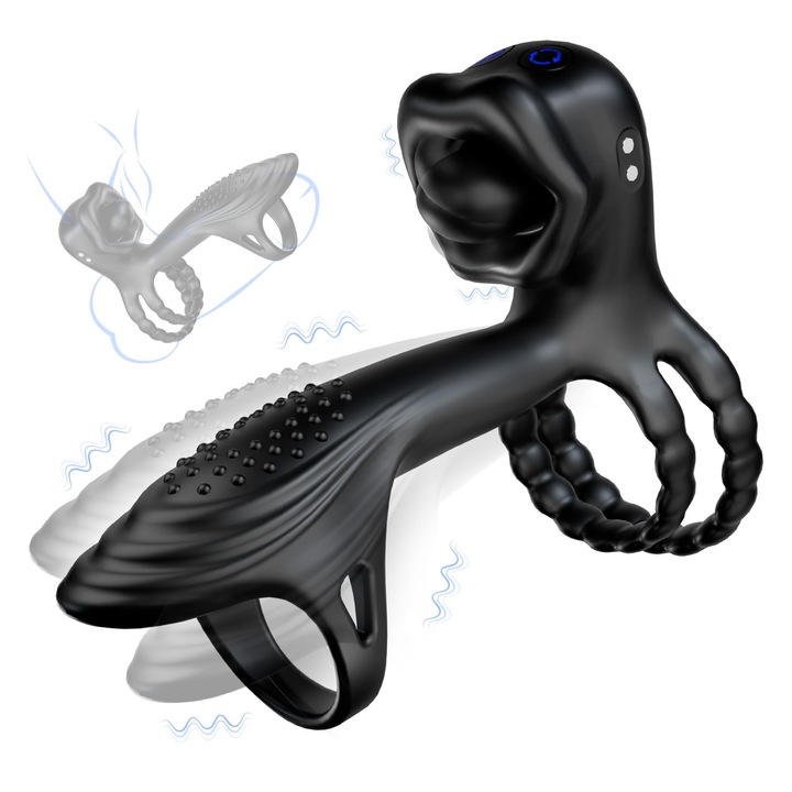 Inel vibrator 4-in-1, 9 moduri de vibratie, miscare de lingere cu capul invartit la 360°, inel pentru penis cu trei inele de strangere, jucarie sexuala din silicon, inelar