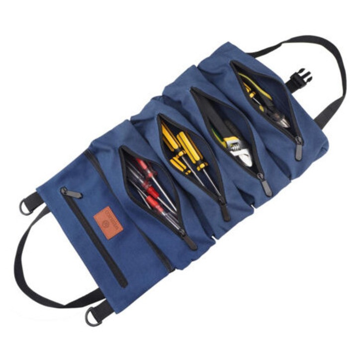 Geanta de unelte pentru repararea masinilor, panza, 5 compartimente cu fermoar, albastra, 30x45cm