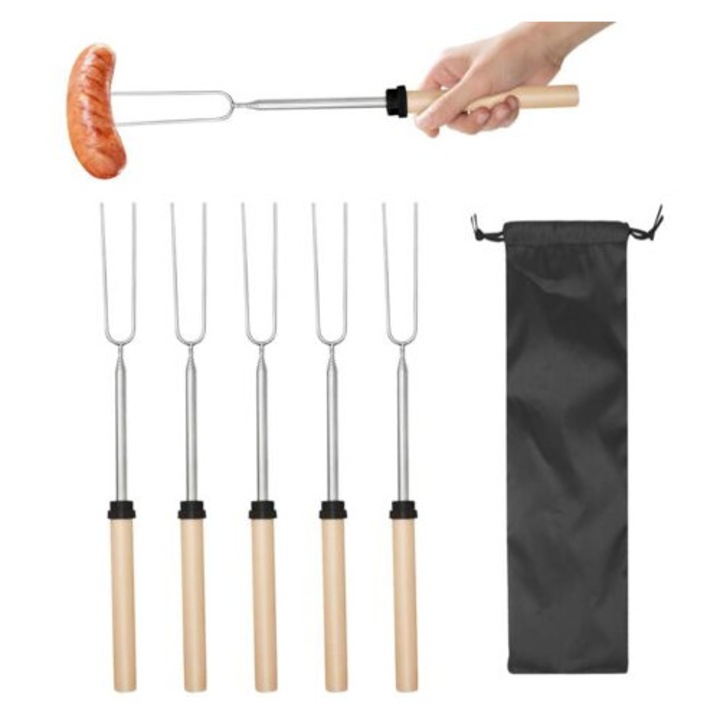 Teleszkópos grillvilla készlet, 5 darab, 31-81cm, rozsdamentes acél, fa nyéllel, hordtáskával
