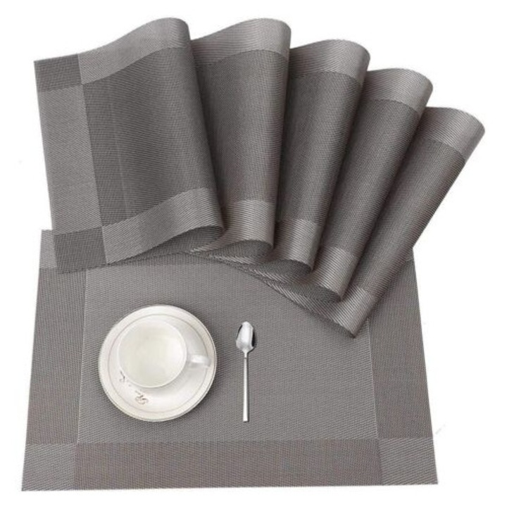 Set 6 servete din PVC si poliester, 45x30cm, gri, rezistente la caldura