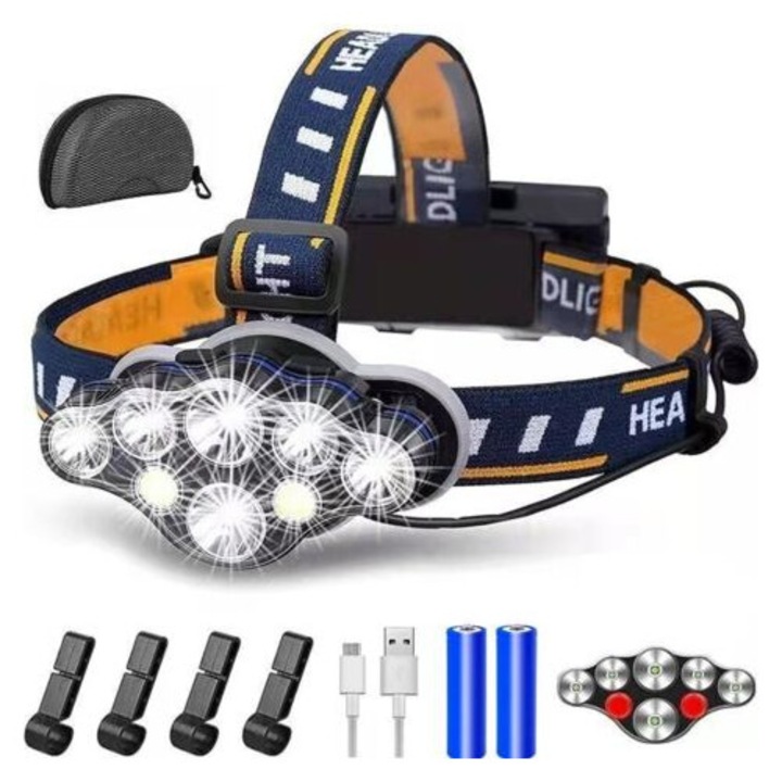 Újratölthető LED lámpa, 8 LED, 18000 lumen, vízálló, piros fénnyel, 90°-ban állítható