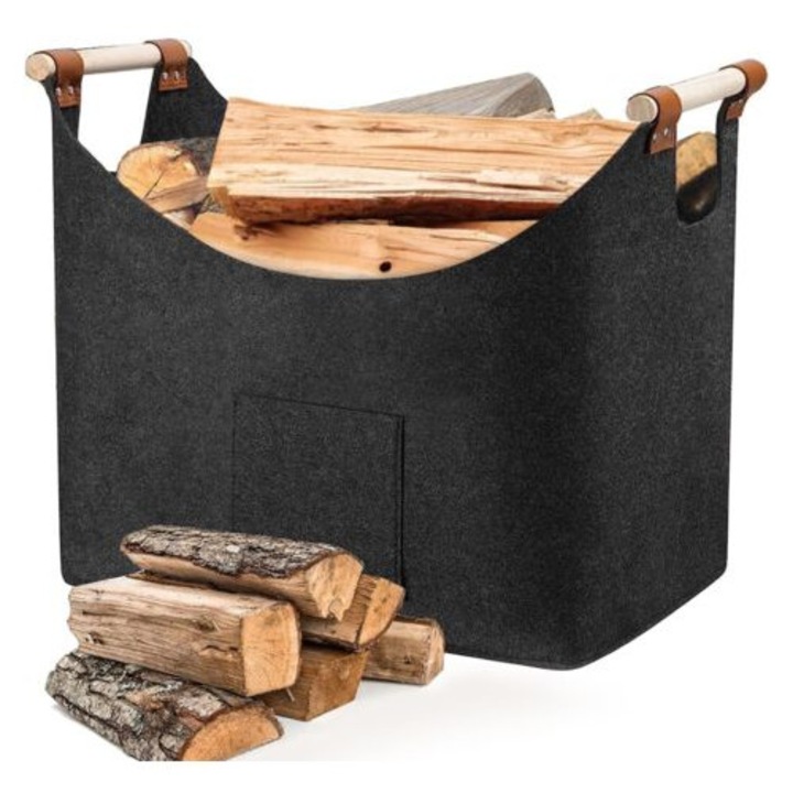 Cos de lemne din fetru, capacitate mare, design pliabil, gri inchis, 45x32x40 cm