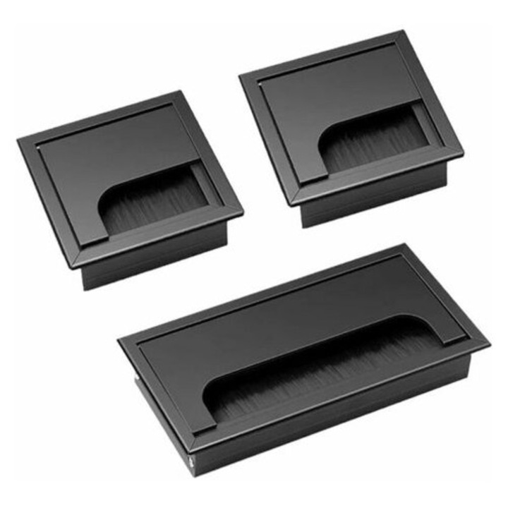Set 3 x Capac de cablu incastrat, aliaj aluminiu, negru, 80x80 mm / 160x80 mm, pentru birou