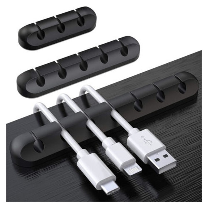 Set de 3 suporturi pentru cabluri, organizatoare de birou, negru, 6mm
