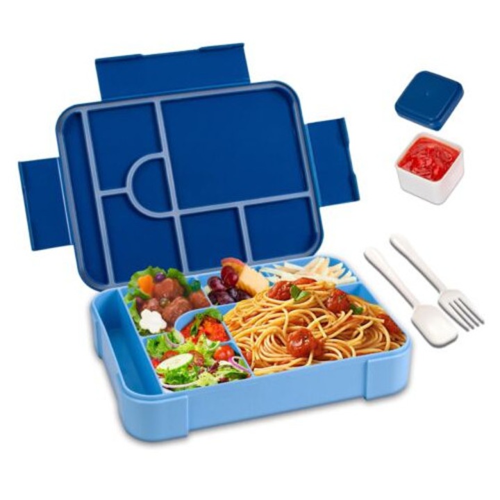 Cutie alimentara reutilizabila 1330ml cu 7 compartimente, cu lingura si furculita, rezistenta la scurgeri, 22x16x5cm, albastra