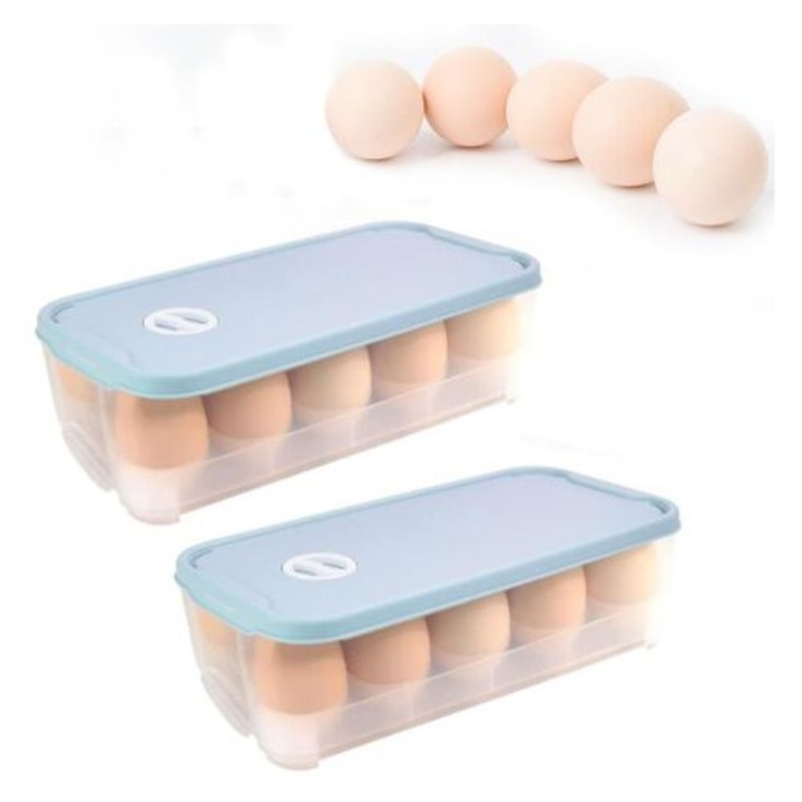 Set de 2 cutii pentru oua, capacitate 10 oua fiecare, cu capac, plastic transparent, 24.5x12x7cm