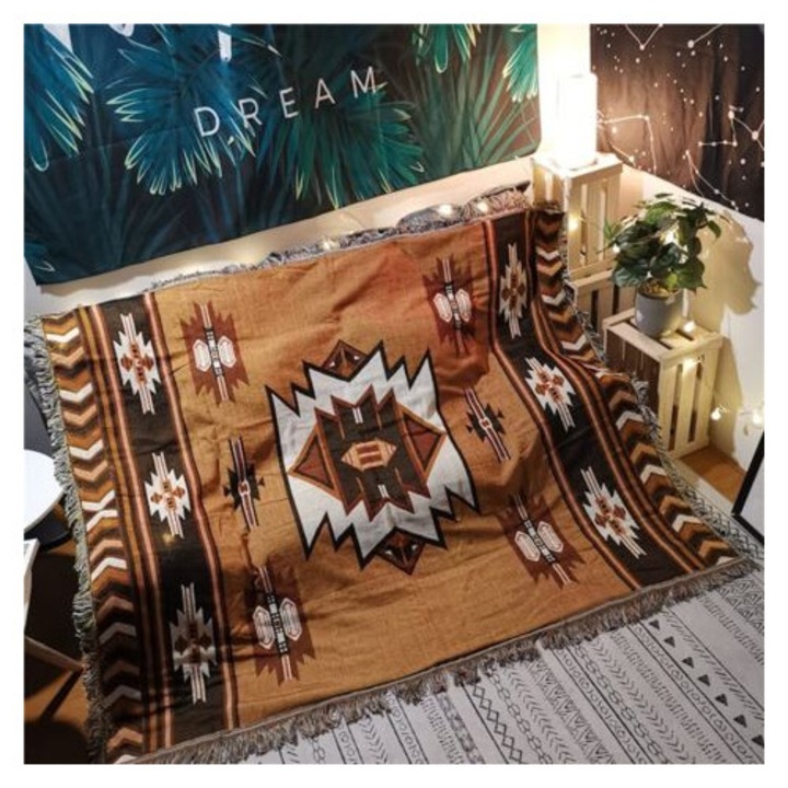 Cuvertura reversibila cu ciucuri pentru canapea, pat, scaun, decor boho, model Aztec, 130x160cm