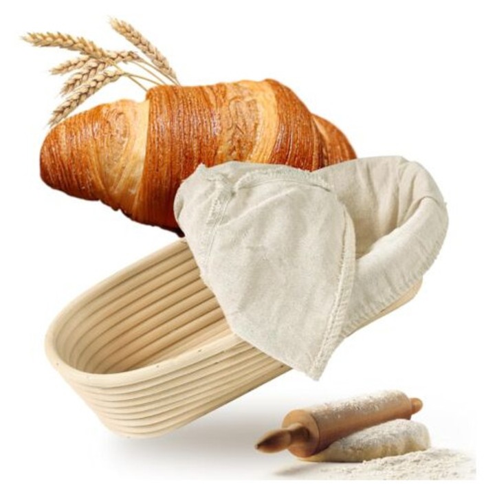 Set cos de fermentare oval pentru paine cu husa din in, 25x15x8cm, rattan natural