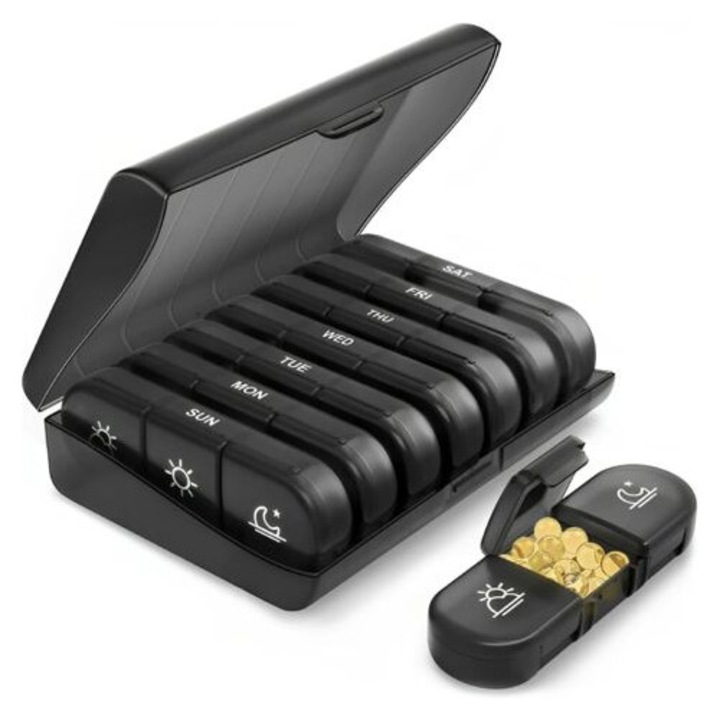 Organizator saptamanal pentru pastile, 21 compartimente, portabil, rezistent la umiditate, pentru medicamente, vitamine, suplimente