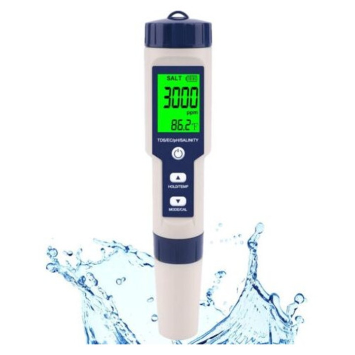 Tester digital de salinitate 5-in-1, masurare pH/TDS/EC/Salinitate/Temperatura, interval 0-25%, waterproof, display mare