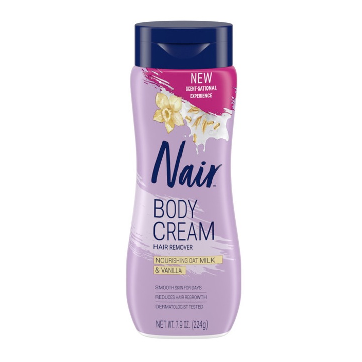 Crema Depilatoare Nair Nourishing Lapte de Ovaz si Vanilie, Netezire de Lunga Durata, Fara Durere, Ingrijire Delicata Piele Sensibila, Testata Dermatologic, Picioare, Brate, Axile, Zona Inghinala, 224g