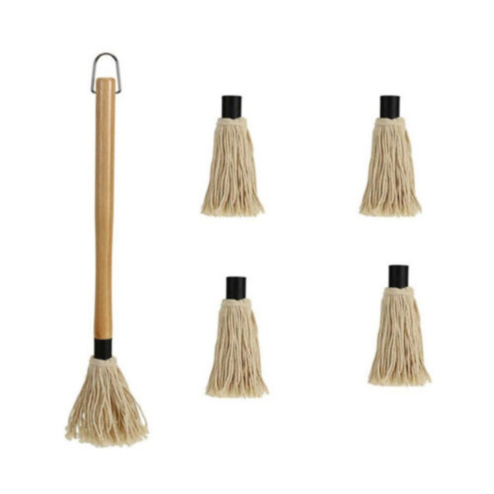 Set ustensile gratar, 1 carpa pentru gratar, 4 capete de schimb, manere din lemn, 46.5cm, multicolor