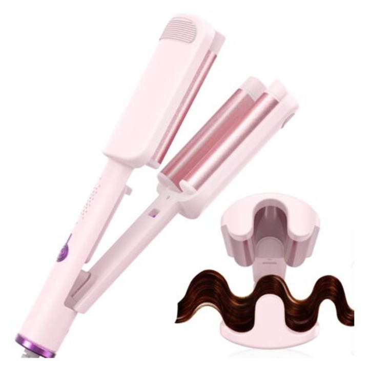 3 csöves hajsütővas, 32mm, nagy hullámok, 4 hőmérséklet-beállítás, égésgátló, kezdőknek is alkalmas, hosszú és rövid hajra, rózsaszín