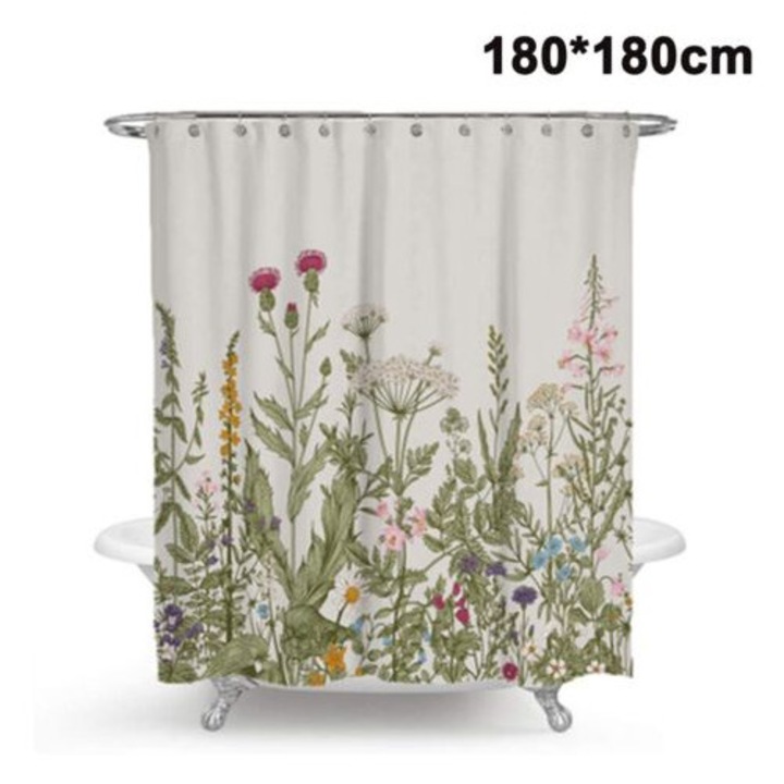 Perdea de dus, 180x200cm, material poliester, design frunze, set cu 12 carlige