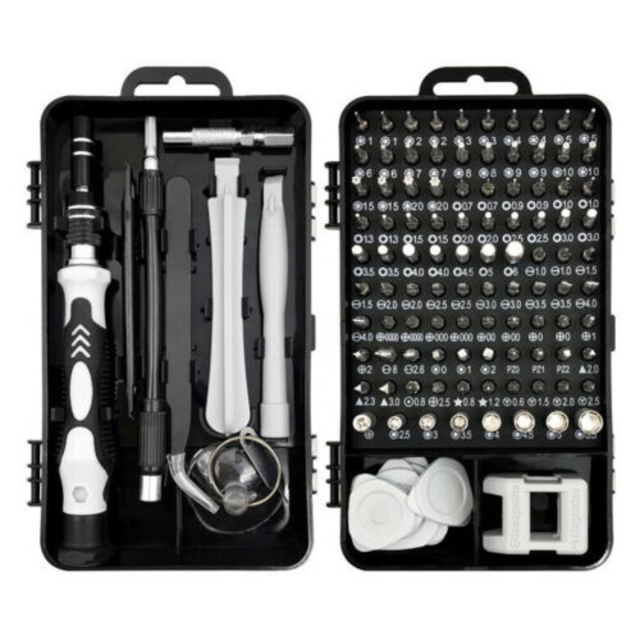 Set de surubelnite multifunctionale 115 in 1, accesorii pentru dezmembrarea laptopurilor, 98 de biti, dimensiune 180x107x60mm, multicolor