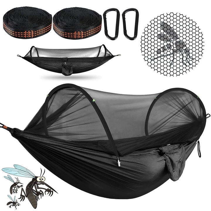 Hamac cu Plasa Anti-Insecte Juksun, 275x140 cm, capacitate 300 kg, curele 2.8 m, negru