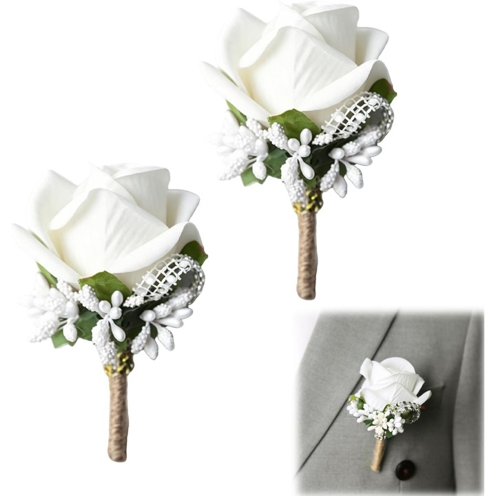 Set de 2 ace de corsaj trandafir ComResi, floare artificiala alba, 12x7cm, cu ac si clema pentru nunta, bal, petrecere