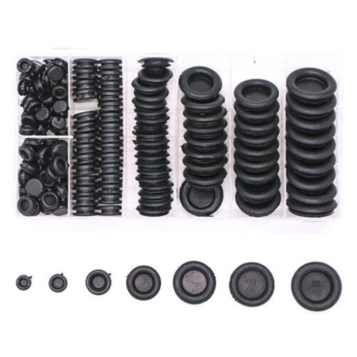 Set 170 bucati dopuri din cauciuc, gromete cu cutie de depozitare, 7 dimensiuni, negru