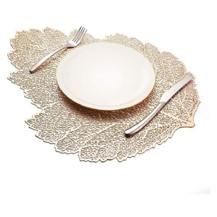 Set de 4 servete din PVC, aurii, 36x47cm, cu model frunze