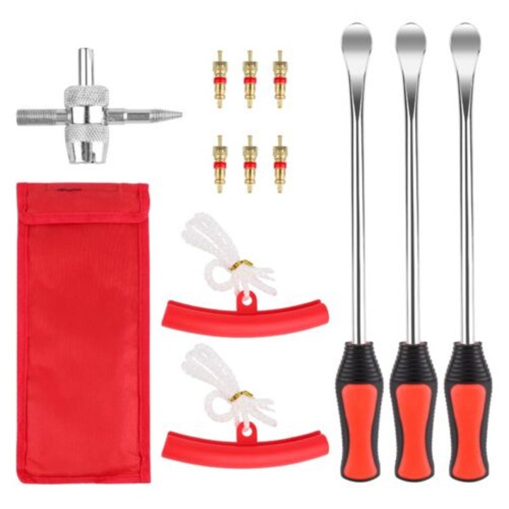 Set de unelte pentru schimbat anvelope, 13 piese, cu levier de 12 inch, protectii pentru jante, valve, pentru motociclete si masini