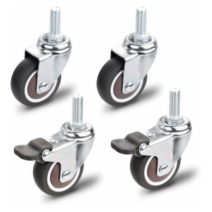 Roti pentru mobilier, set 4 buc, 2 roti cu frane + 2 roti fara frane, M10 x 25 mm, capacitate 40 kg pe roata, 50x17mm