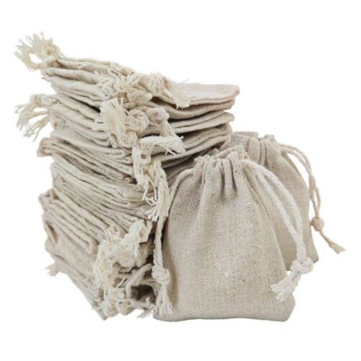 Set 50 pungi din bumbac cu snur, 7x9cm, reutilizabile, pentru bijuterii si cadouri